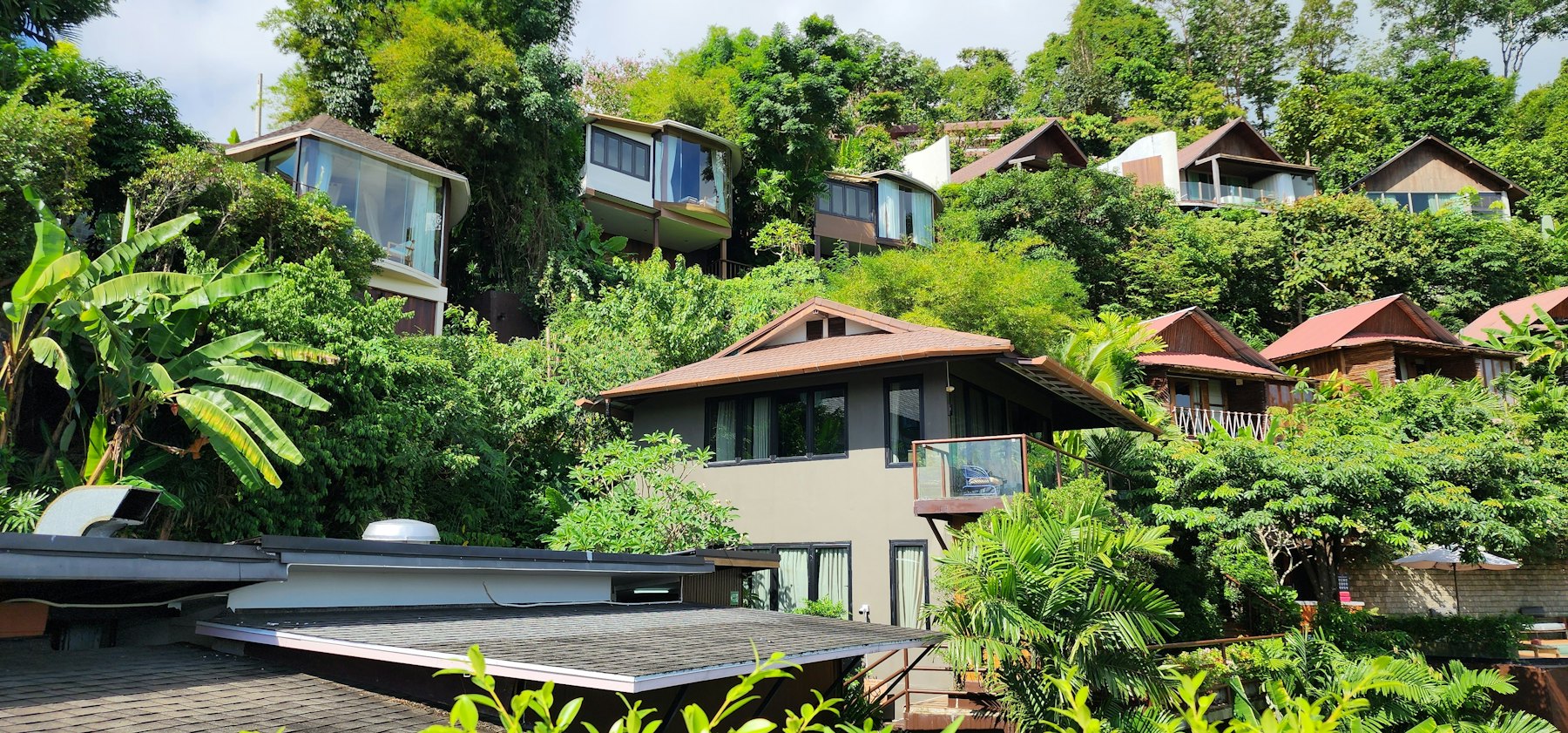 Casas asentadas en una ladera verde sobre Santa Ana