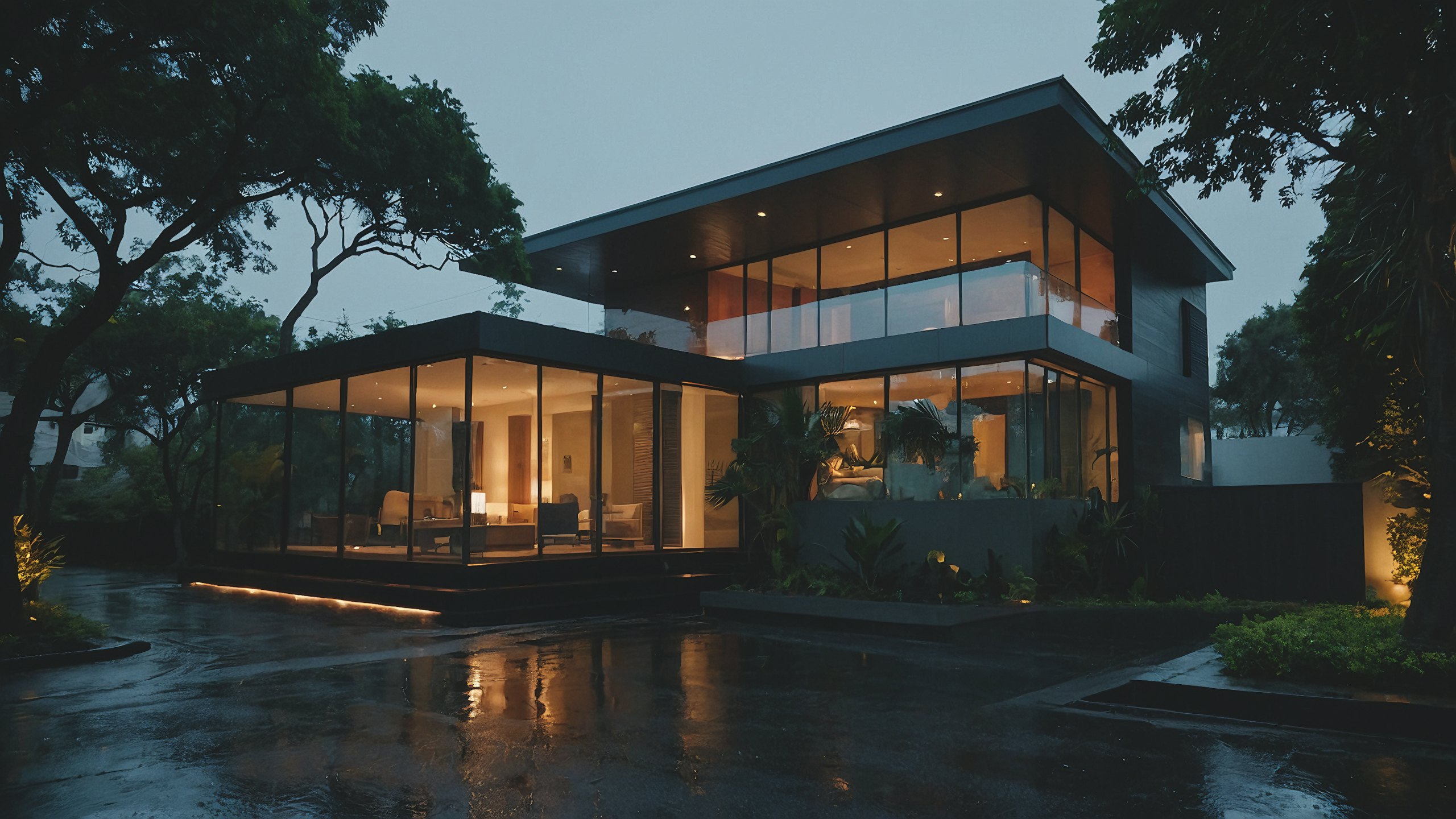 A contemporary house at dusk, its glazed living level lit from within above a reflecting terrace