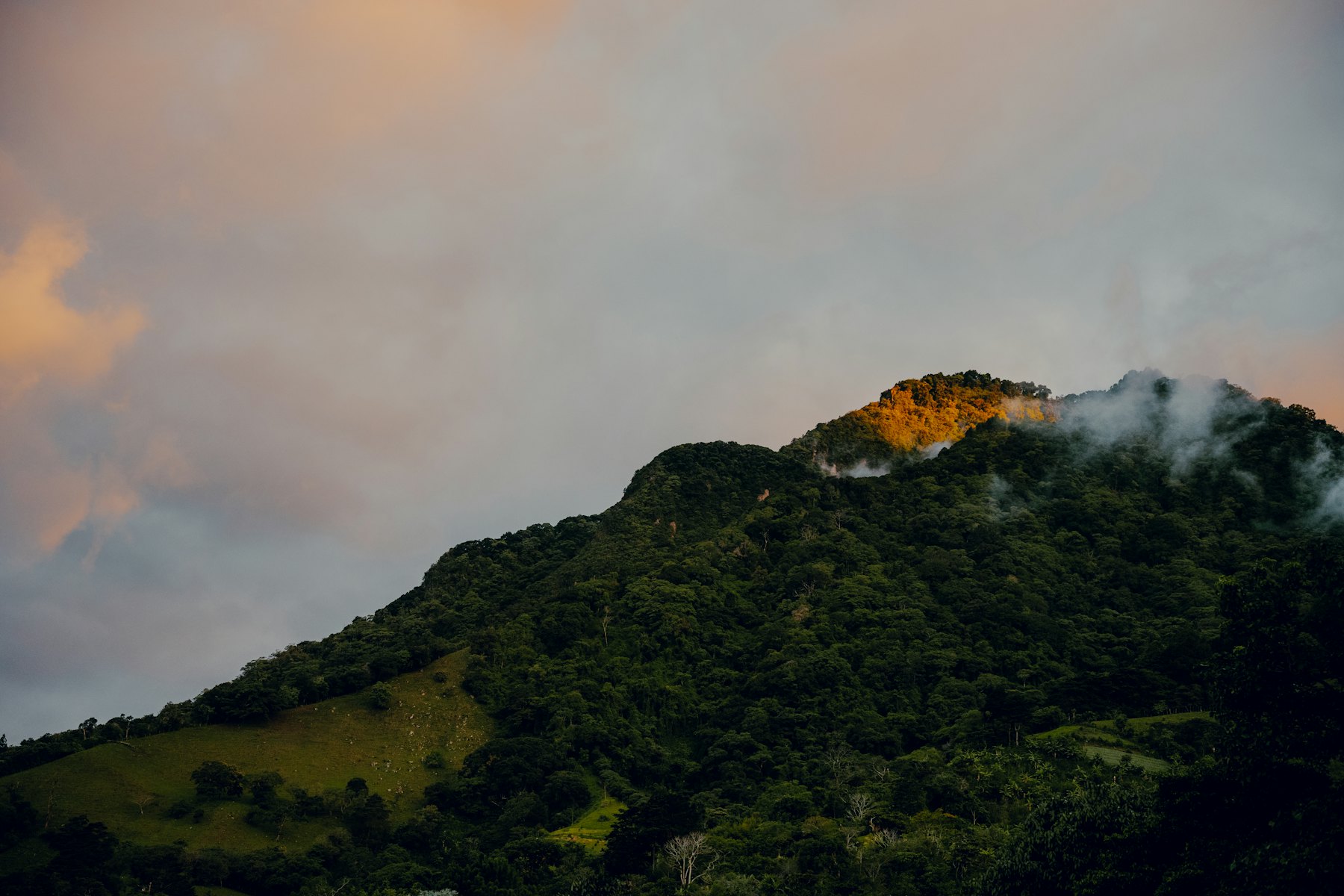 Loma boscosa bajo nubes bajas en las tierras altas de Costa Rica